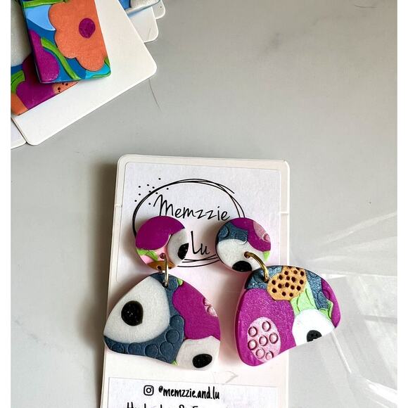 Handmade Polymer Clay Earrings Handcrafted Artwork Floral - Picture 2 of 6